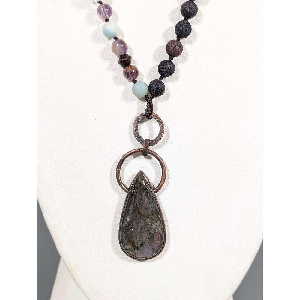 Artisan Labradorite Teardrop Pendant‎ Necklace Wood Stone Beads Copper 30"